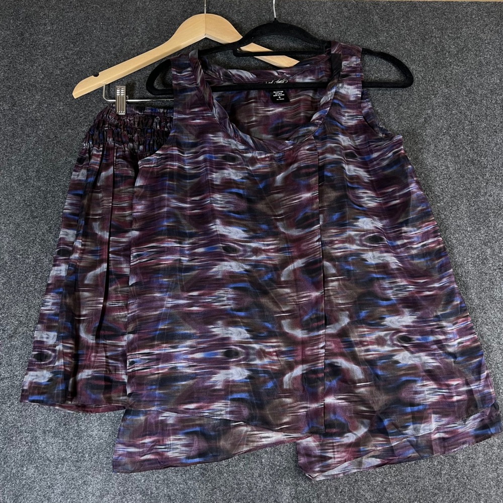 Lord & Taylor Silk Cotton Ikat Print 2 Piece Set Top & Skirt Purple Blue Sz 8 M